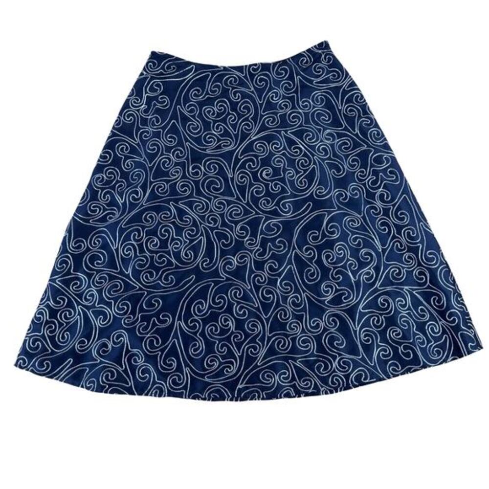 Josephine Chaus Women Navy Silk Skirt 8 Silver Metallic Embroidered A-Line Party